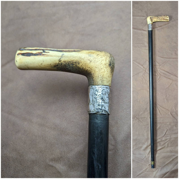 1894 British Antique Men's Walking Stick Deer Antlers Clutch Handle Thick Shaft 80cm